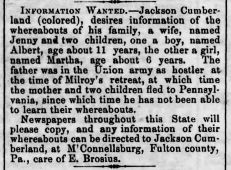 Jackson Cumberland searching for his wife Jenny and children Albert and Martha