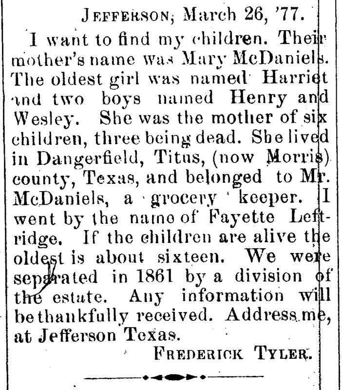 Frederick Tyler looking for his children Harriet, Henry, and Wesley