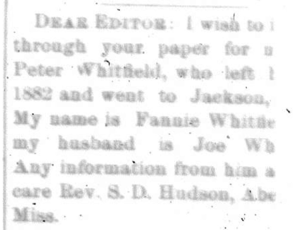 Fannie Whitfield searching for Peter Whitfield