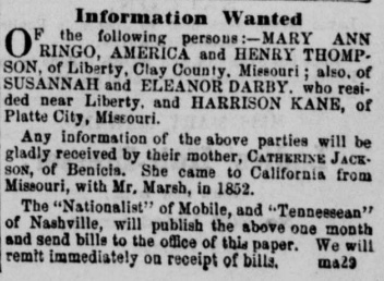 Catherine Jackson searching for her children Mary Ann Ringo, America and Henry Thompson, Susannah and Eleanor Darby, and Harrison Kane