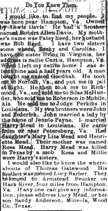 Lucy Mead seeking information about her mother Patsy Reed and sisters Becky and Caroline