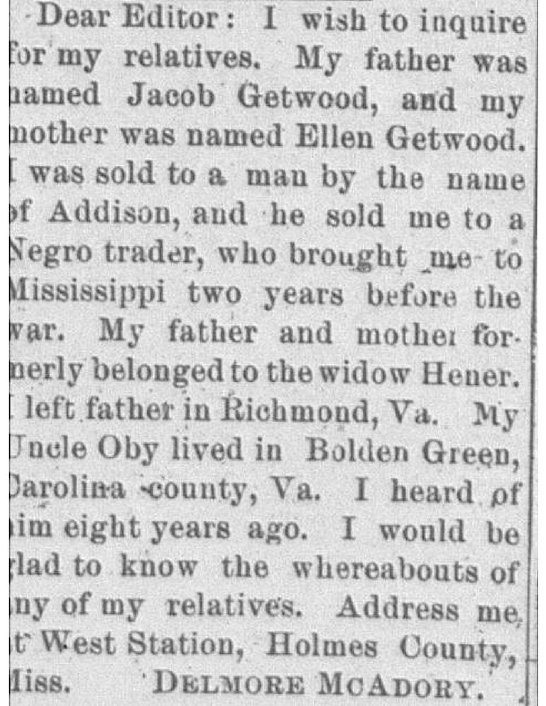 Delmore McAdory seeking his parents Jacob and Ellen Getwood