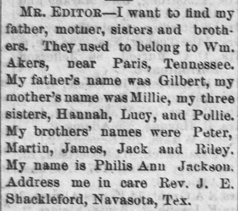 Philis Ann Jackson searching for her father, mother, sisters, and brothers