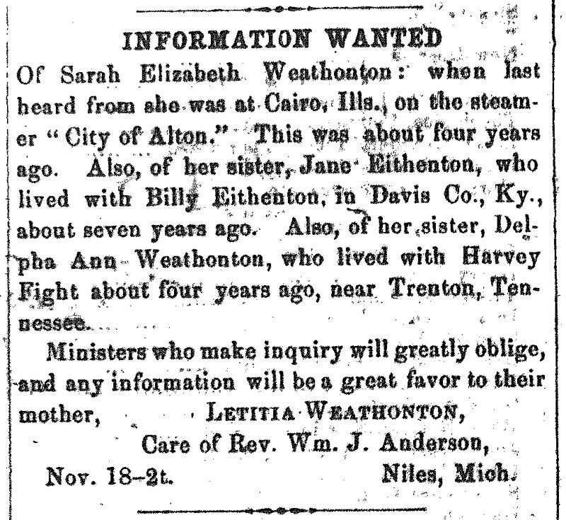 Letitia Weathonton searching for her daughters Sarah Elizabeth Weathonton, Jane Eithenton, and Delpha Ann Weathonton