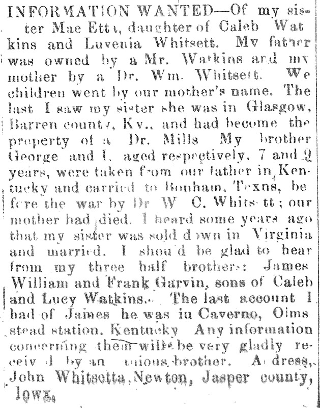 John Whitsett seeking information about his sister Mae Etta and three half-brothers James, William, and Frank Garvin