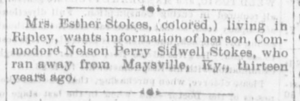 Mrs. Esther Stokes searching for her son Commodore Nelson Perry Sidwell Stokes