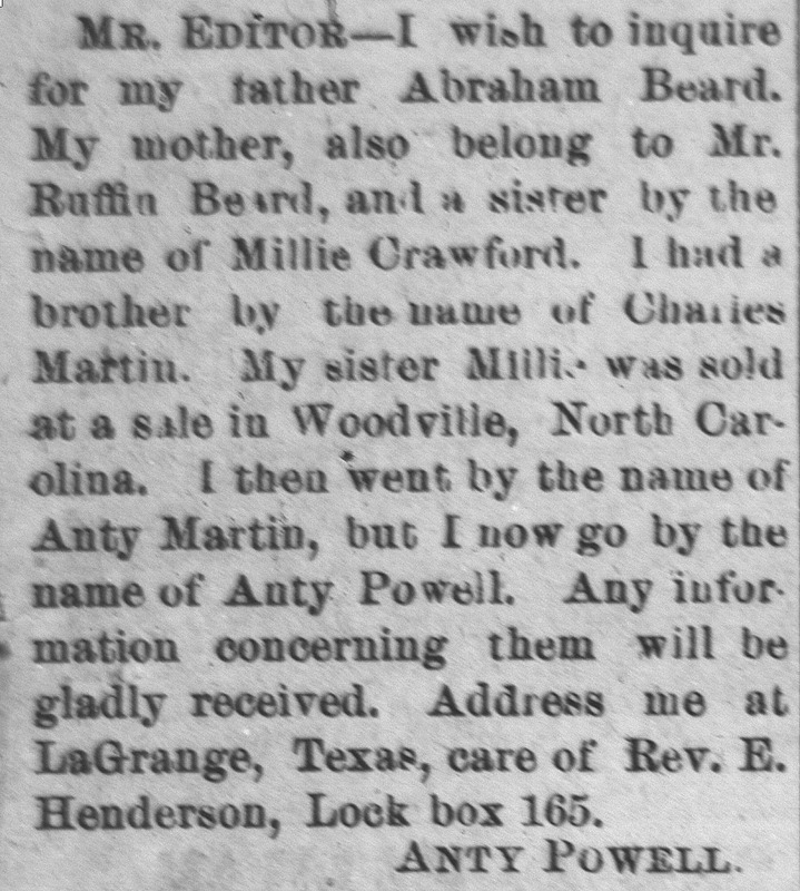 Anty. Powell searching for his father Abraham Beard, mother, sister Millie Crawford, and brother Charles Martin (2nd of 2 ads placed)