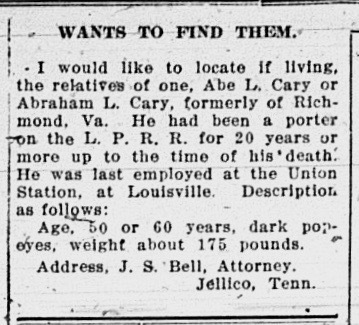 J.S. Bell searching for relatives of Abraham L. Cary