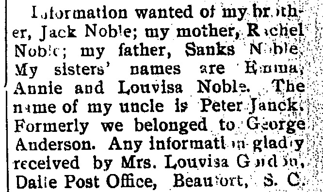 Mrs. Louvisa G looking for information about her brother Jack Noble and mother Rachel Noble