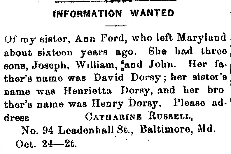 Catharine Russell looking for her sister Ann Ford