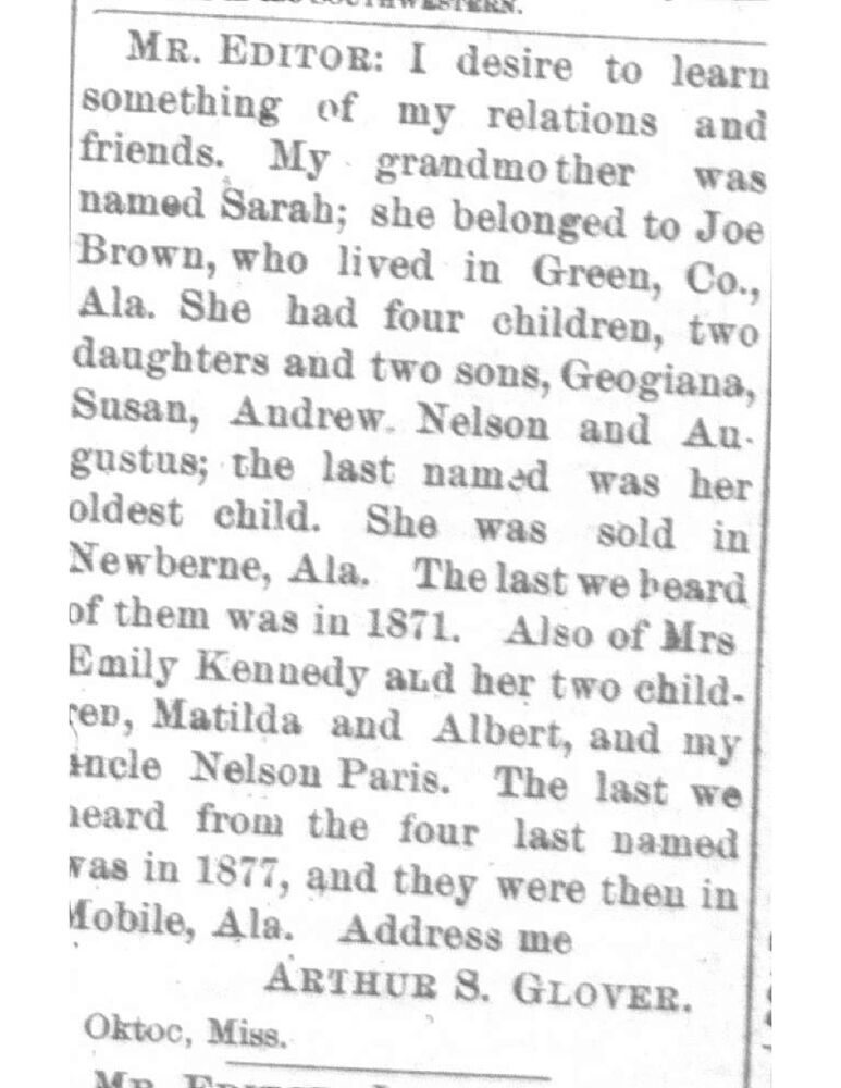 Arthur S. Glover searching for his grandmother Sarah, Mrs. Emily Kennedy, and his aunts and uncles