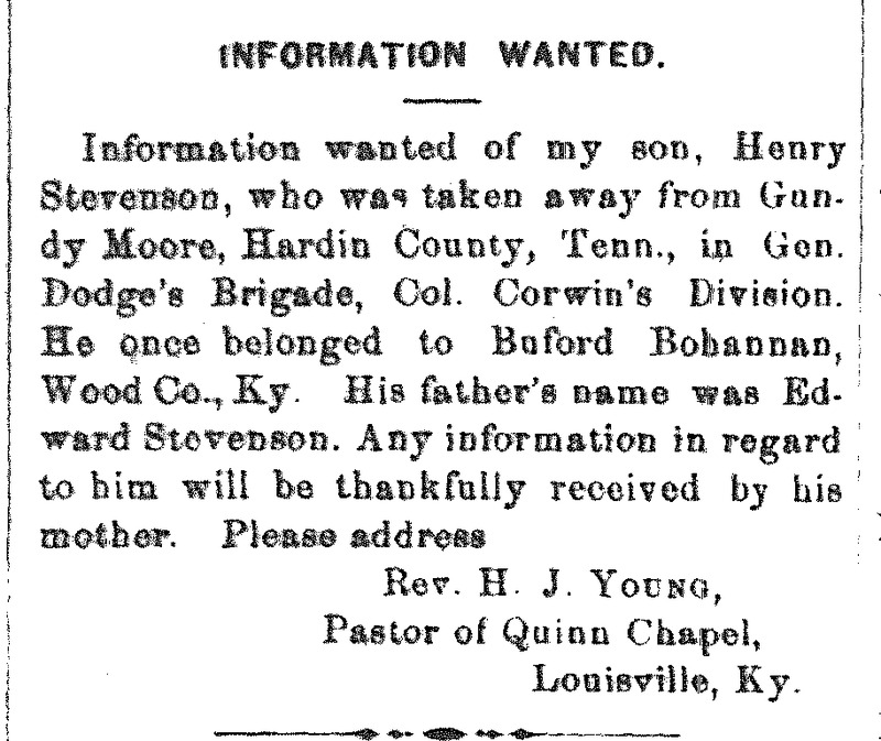 Rev. H. J. Young seeking information about Henry Stevenson on behalf of Stevenson&#039;s unnamed mother