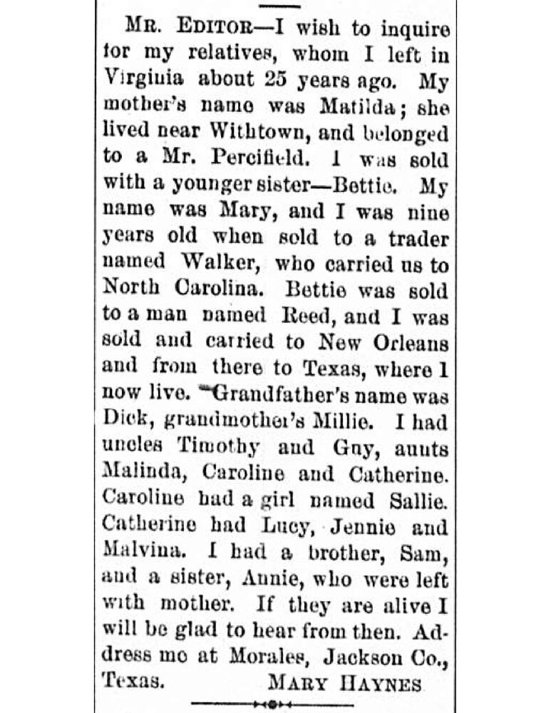 Mary Haynes searching for her relatives, including her mother Matilda and sister Bettie