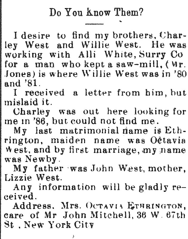 Octavia Ethrington (formerly Octavia West) searching for her brothers Charley West and Willie West