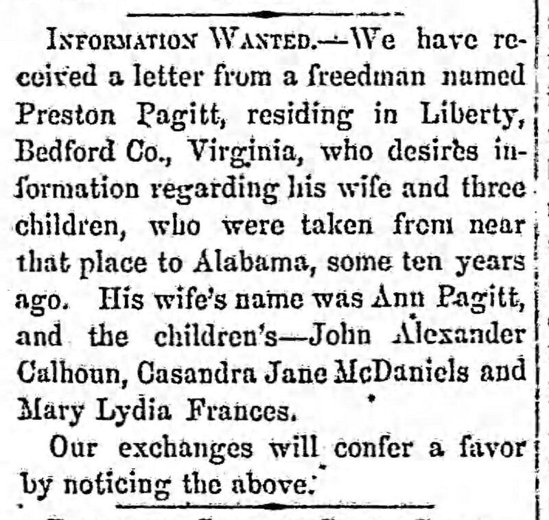 Preston Pagitt searching for his wife Ann Pagitt and children John Alexander Calhoun, Casandra Jane McDaniels, and Mary Lydia Frances