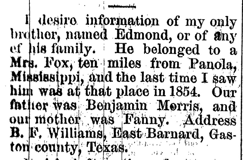 B. F. Williams seeking information about their brother Edmond 