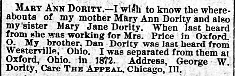 George W. Dority searching for his mother Mary Ann Dority and sister Mary Jane Dority