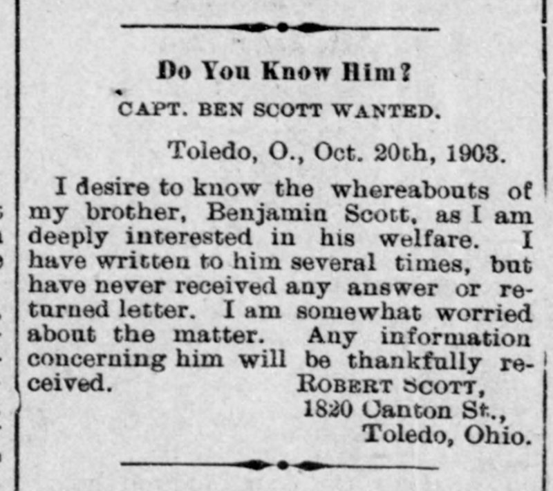 Robert Scott searching for his brother Capt. Benjamin Scott 