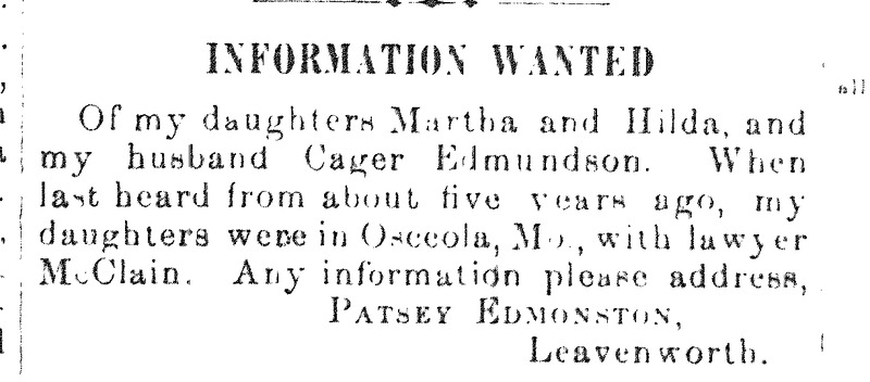 Patsey Edmonston searching for her husband Cager Edmundson and their daughters Martha and Hilda