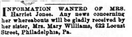 Mrs. Mary Williams seeking information about her sister Mrs. Harriet Jones