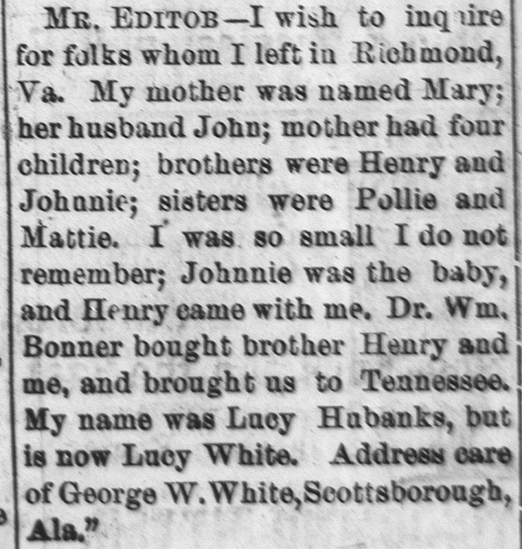 Lucy White (formerly Lucy Hubanks) searching for her mother, mother&#039;s husband, brothers and sisters