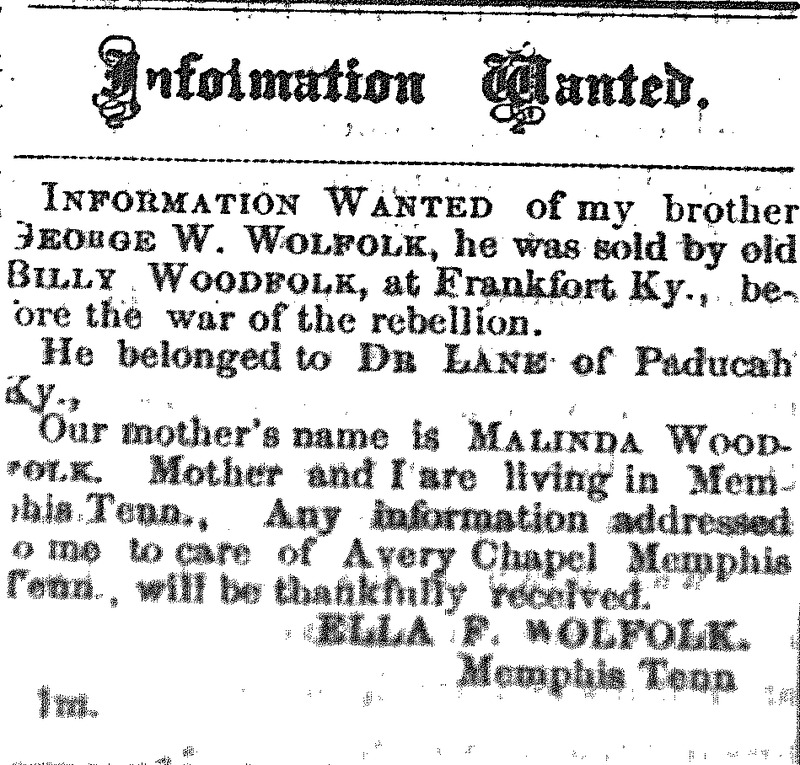 Ella F. Wolfolk looking for information about her brother George W. Wolfolk