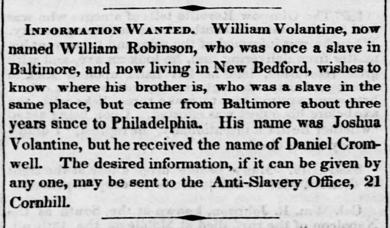 William Robinson (formerly William Volantine) searching for his brother Daniel Cromwell (formerly Joshua Volantine)