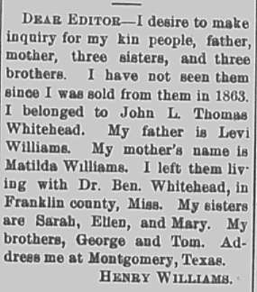 Henry Williams looking for his father Levi Williams, mother Matilda Williams, and siblings