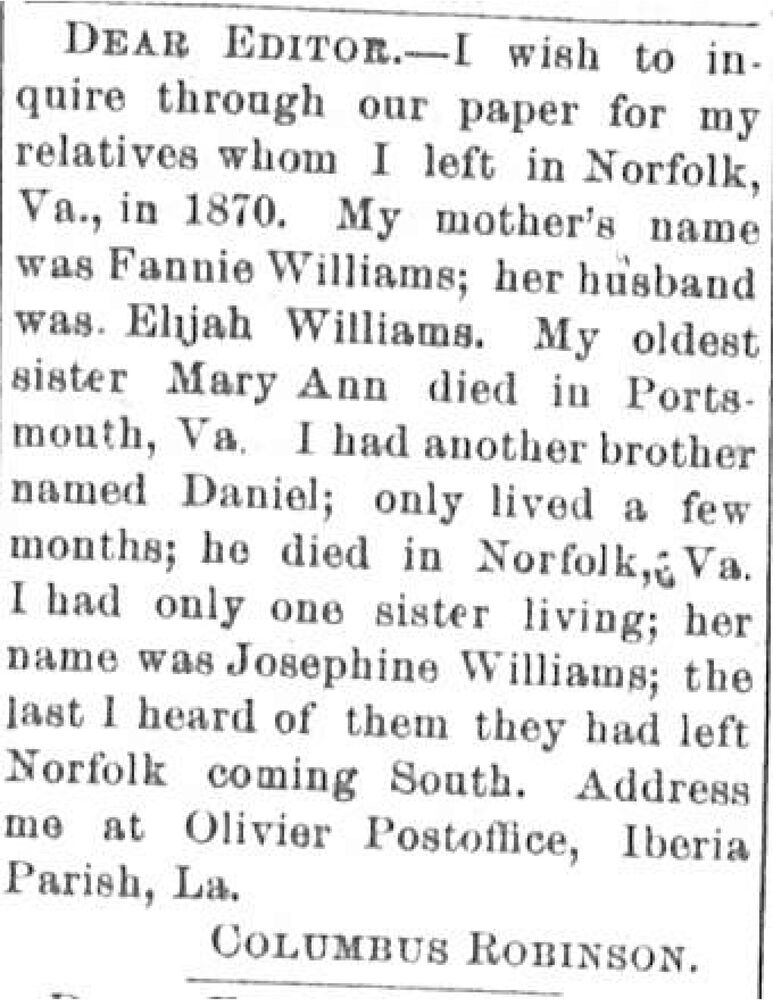 Columbus Robinson searching for his mother Fannie Williams and sister Josephine Williams