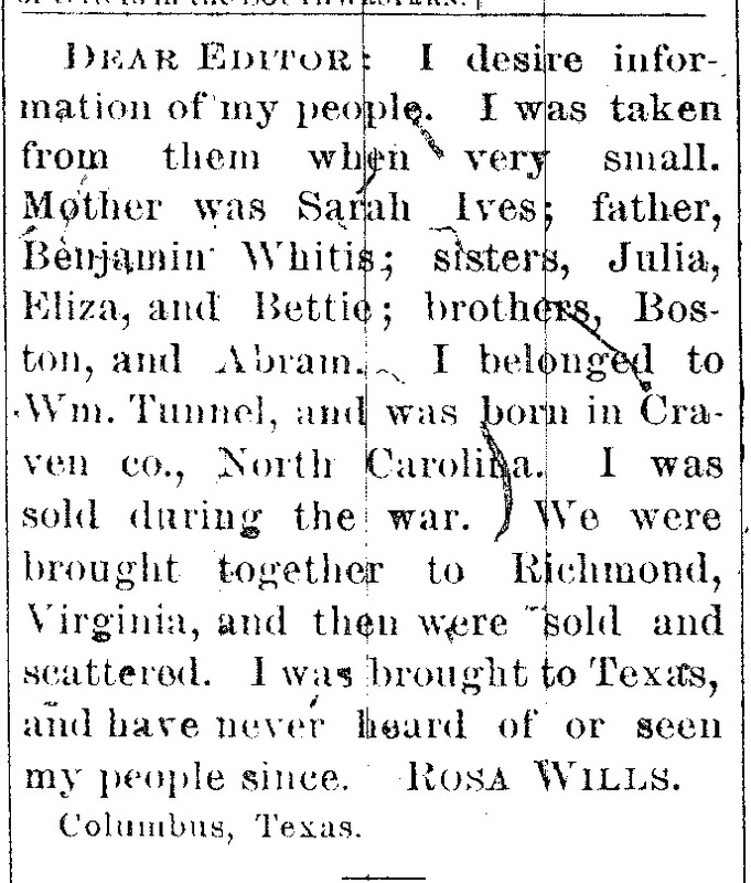 Rosa Wills searching for her family including mother Sarah Ives and father Benjamin Whitis