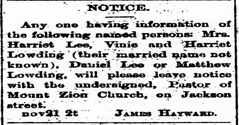 James Hayward seeking Mrs. Harriet Lee, Vinie Lowding, Harriet Lowding, Daniel Lee, and Matthew Lowding