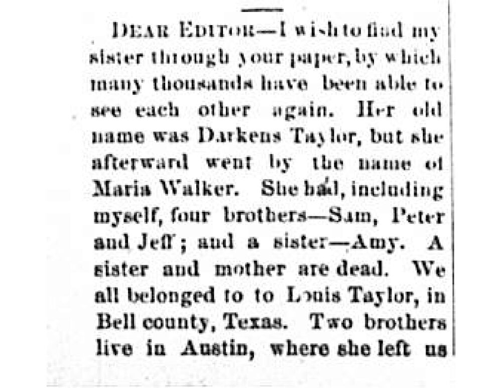 Reverend B. M. Taylor searching for his sister Maria Walker (formerly Darkens Taylor)