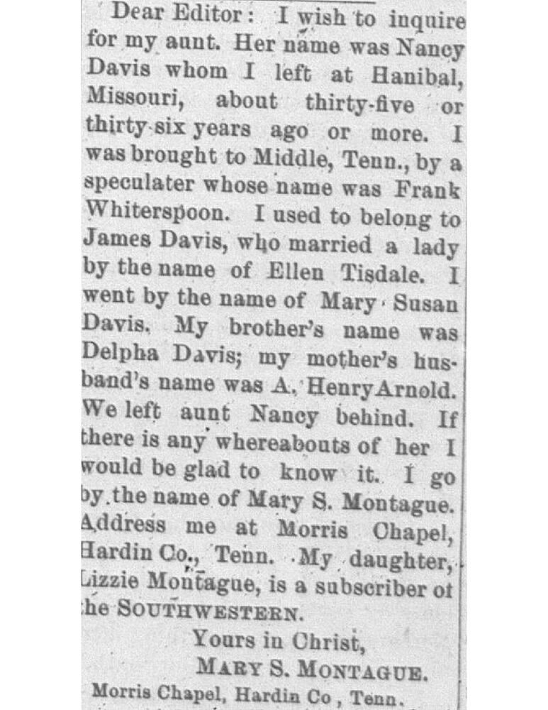 Mary S. Montague (formerly Mary Susan Davis) searching for her aunt Nancy Davis