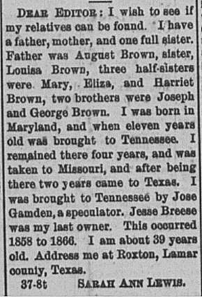 Sarah Ann Lewis seeking her father August Brown and siblings