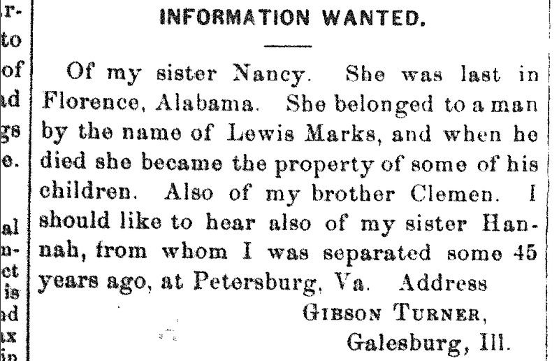 Gibson Turner looking for his sisters Nancy and Hannah and brother Clemen