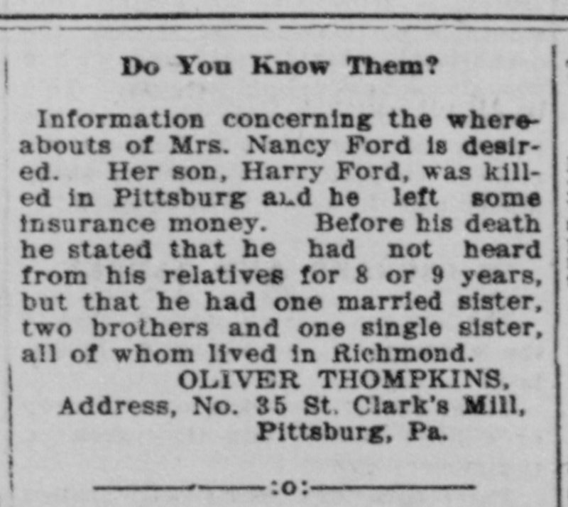 Oliver Thompkins searching for Nancy Ford, mother of Harry Ford