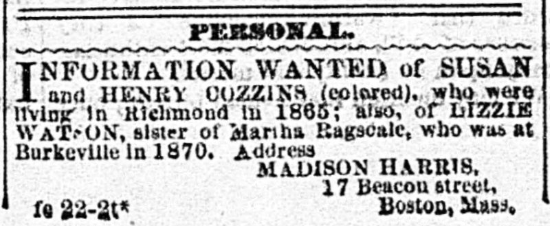 Madison Harris searching for Susan Cozzins, Henry Cozzins, and Lizzie Watson