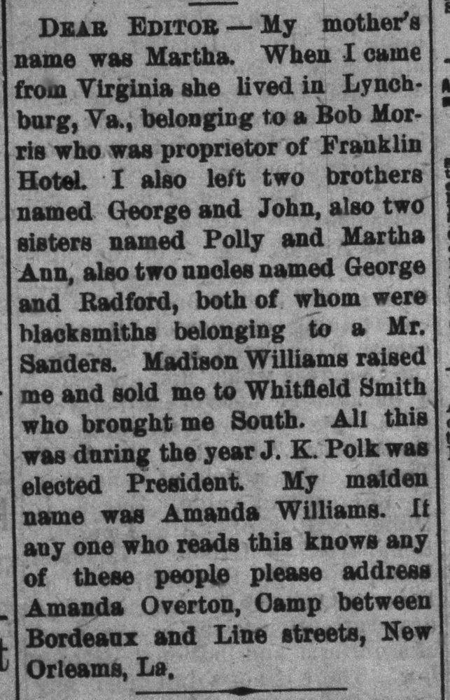 Amanda Overton (formerly Amanda Williams) looking for her family, including her mother Martha