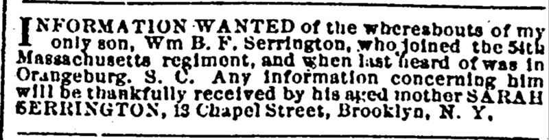 Sarah Serrington searching for son Wm. B. F. Serrington