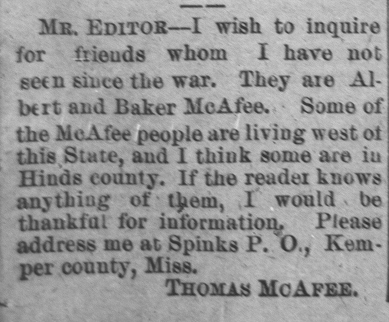 Thomas McAfee searching for his friends Albert and Baker McAfee