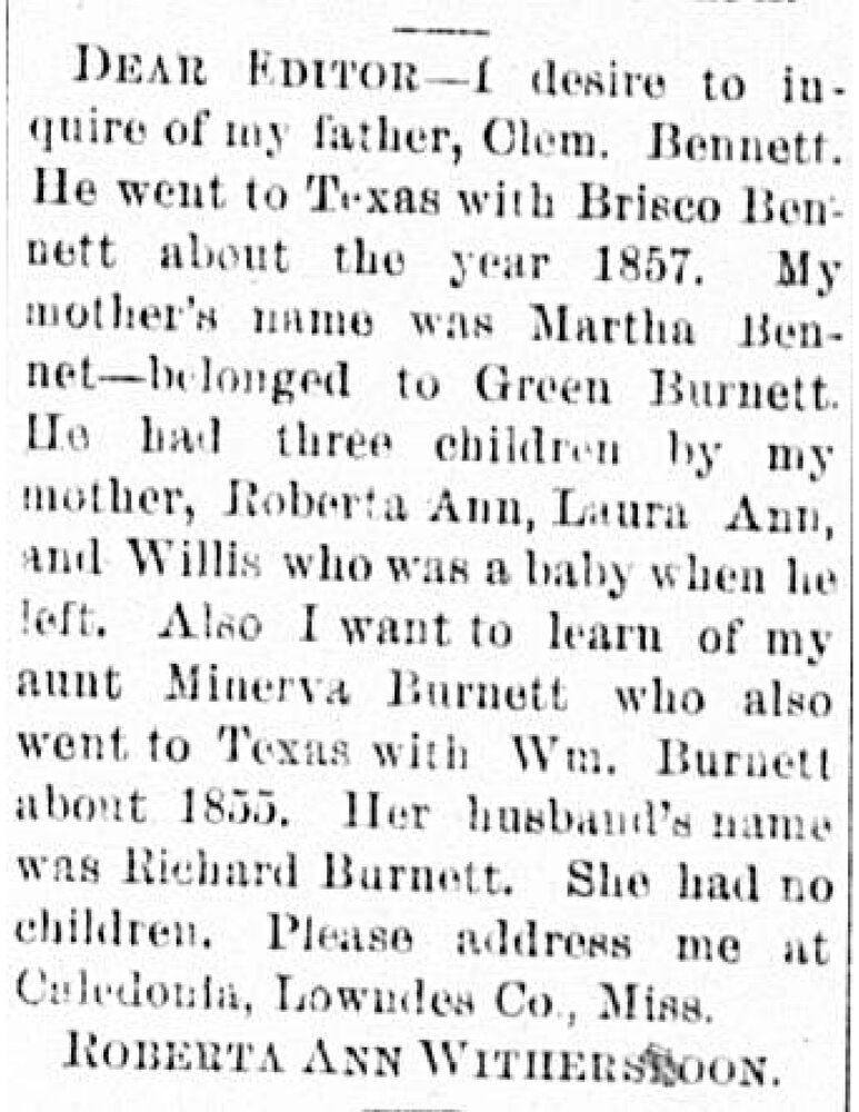 Roberta Ann Witherspoon searching for her father Clem. Bennett and aunt Minerva Burnett