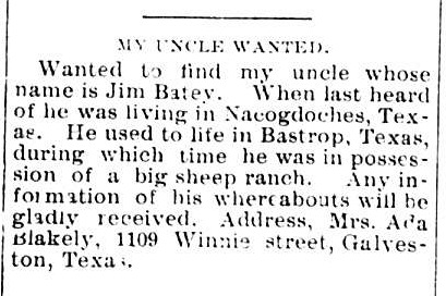 Mrs. Ada Blakely searching for her uncle Jim Batey