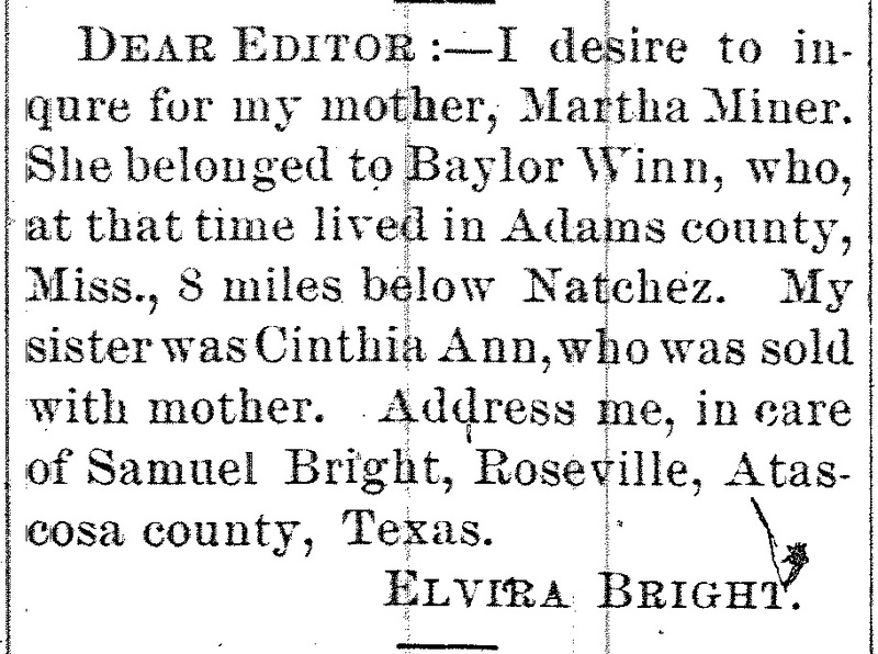 Elvira Bright or Elmira Bright searching for her mother Martha Miner and sister Cinthia Ann