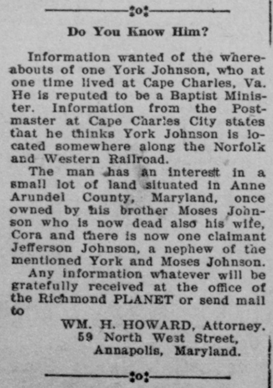 Wm. H. Howard, attorney, searching for York Johnson