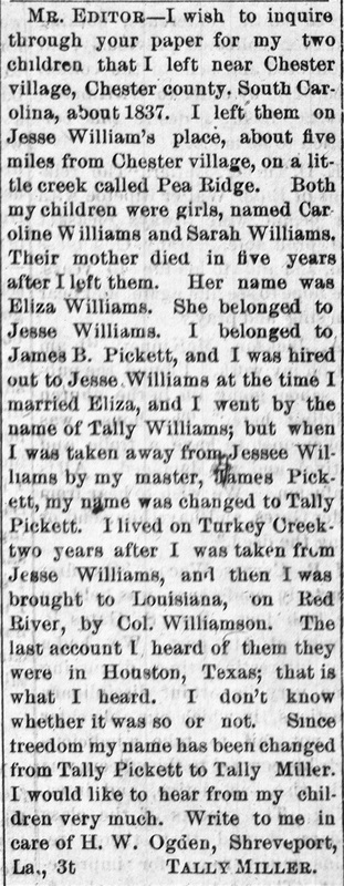 Tally Miller seeking information about his daughters Caroline and Sarah Williams