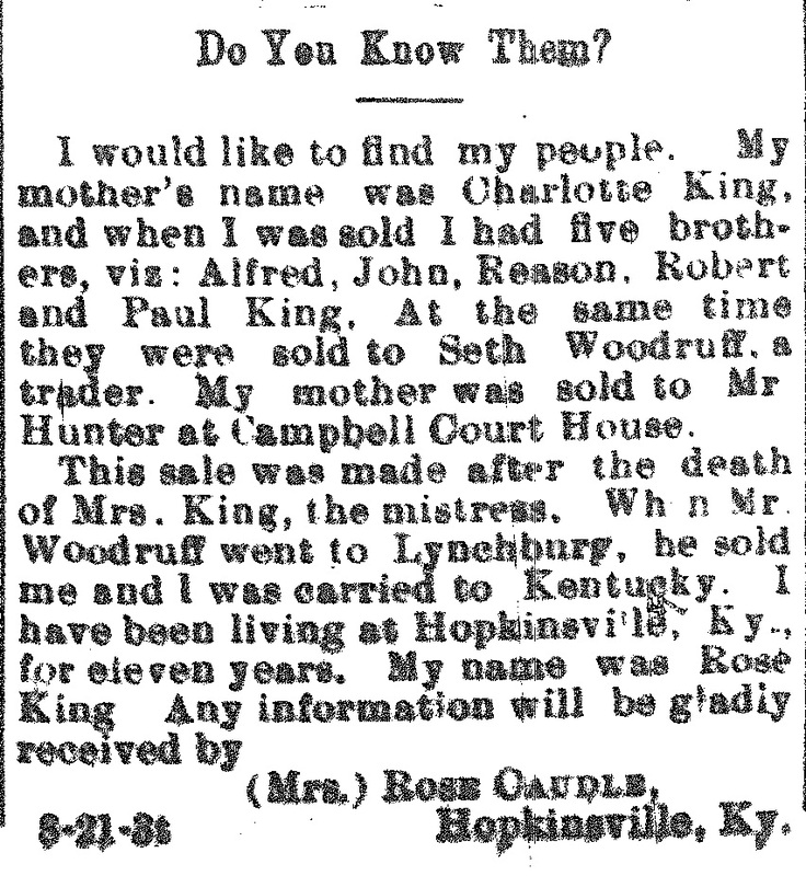 Mrs. Rose Caudle (formerly Rose King) searching for her mother Charlotte King and several brothers