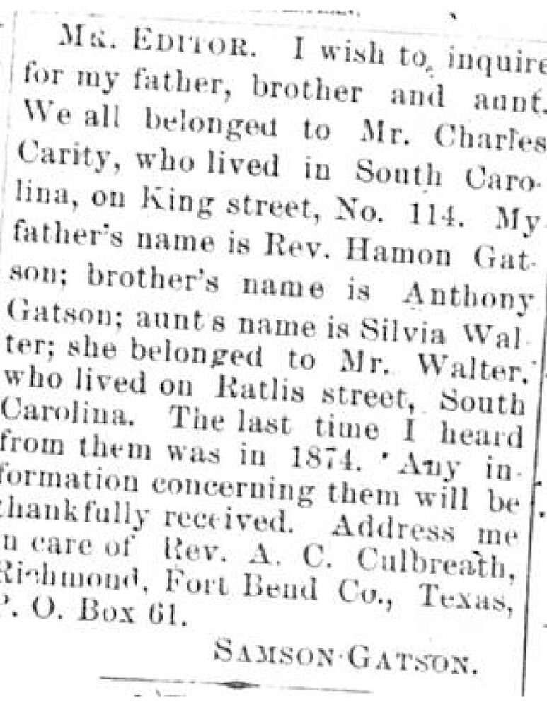 Samson Gatson searching for his father Rev. Hamon Gatson, brother Anthony Gatson, and aunt Silvia Walter