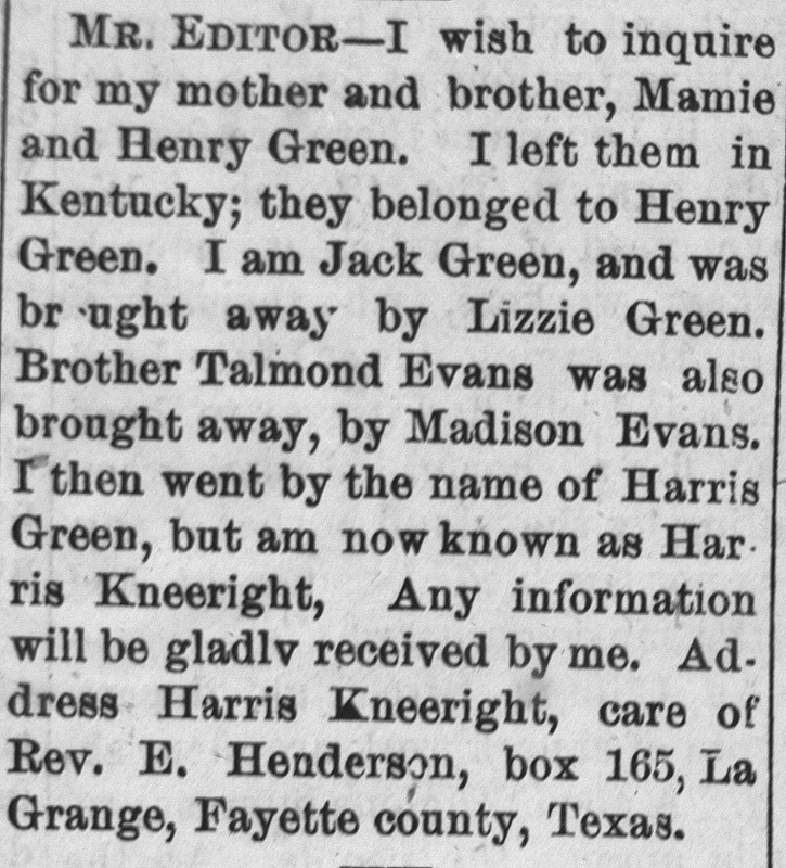 Harris Kneeright (formerly Jack Green and Harris Green) searching for his mother and brother Mamie and Henry Green