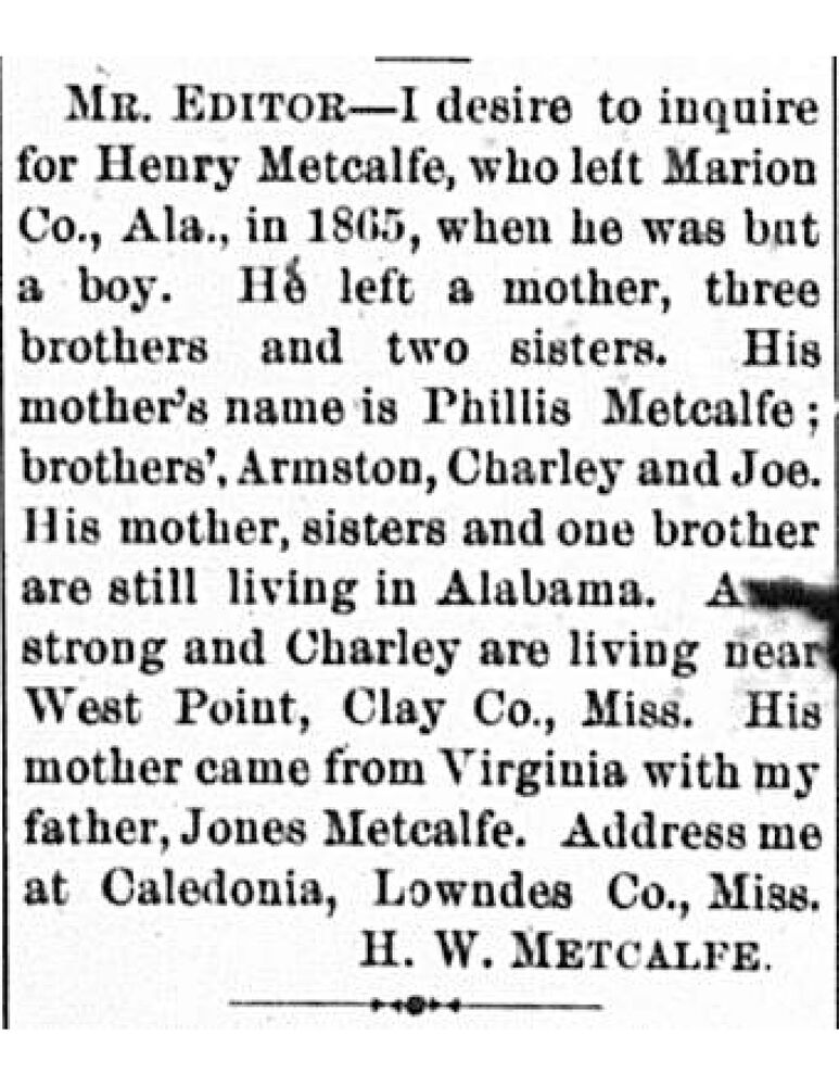 W. H. Metcalf searching for Henry Metcalf 