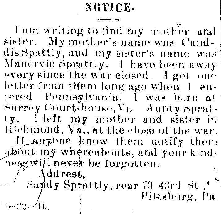 Sandy Sprattly seeking information of her mother Canddis Sprattly and sister Manervie Sprattly